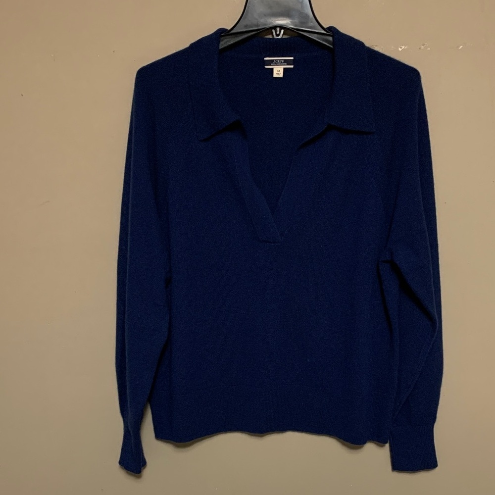 J. Crew Women’s Collared V-Neck Deep Blue Medium Cashmere Long Sleeve Sweater